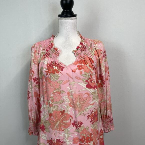 Talbots Blouse size Extra Small Pink Coral Floral Smocked Peasant Boho Wedding - Picture 2 of 8